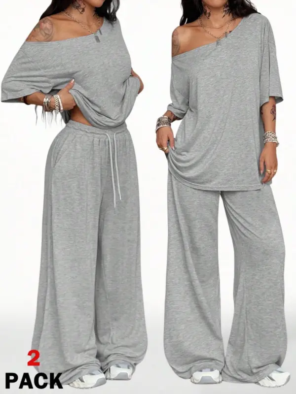 🔥Hot Sale💥Women's Off-Shoulder T-Shirt And Wide-Leg Pants Two-Piece Set🔥8-SETS- All Colors Included
