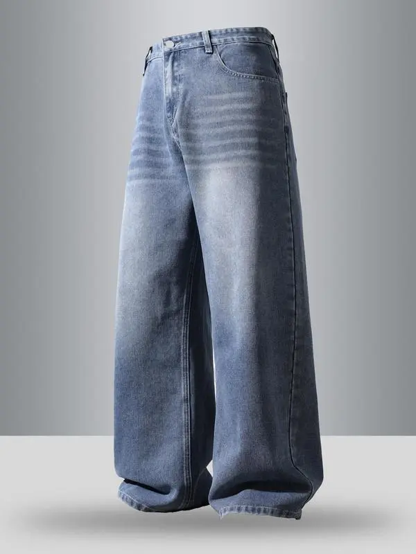 Men's Vintage Wash Pocket Wide Leg Jeans, Loose Casual Comfy Denim Pants for Daily Wear, Woven Bottoms for All Seasons