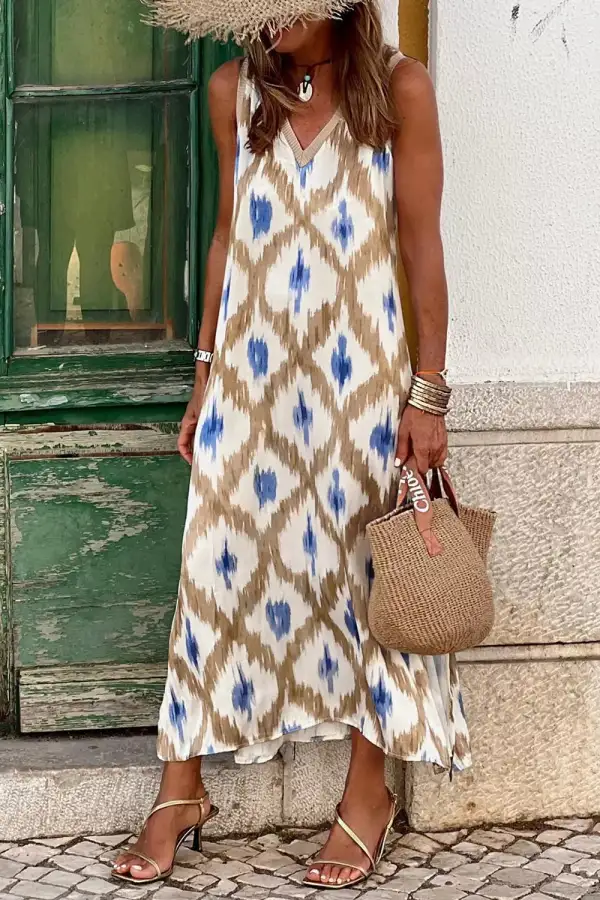 Abstract Print V-Neck Sleeveless Midi Dress