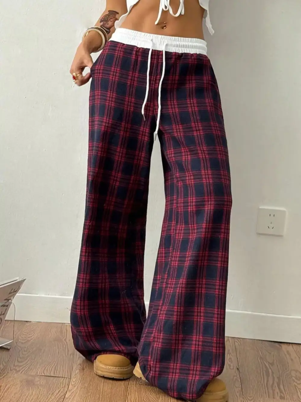 Wide Leg Elastic Waist Plaid Drawstring Pants