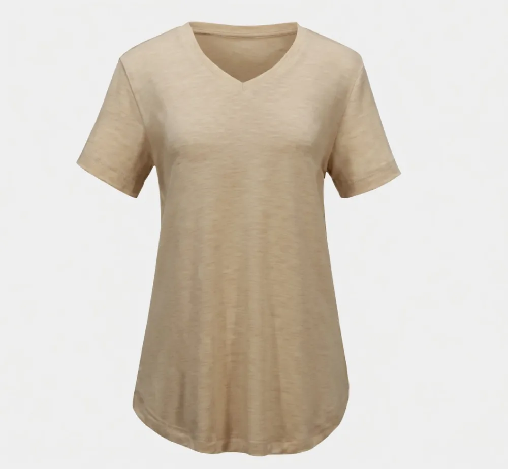 Women's Casual V-Neck Solid Color T-Shirt with Curved Hem