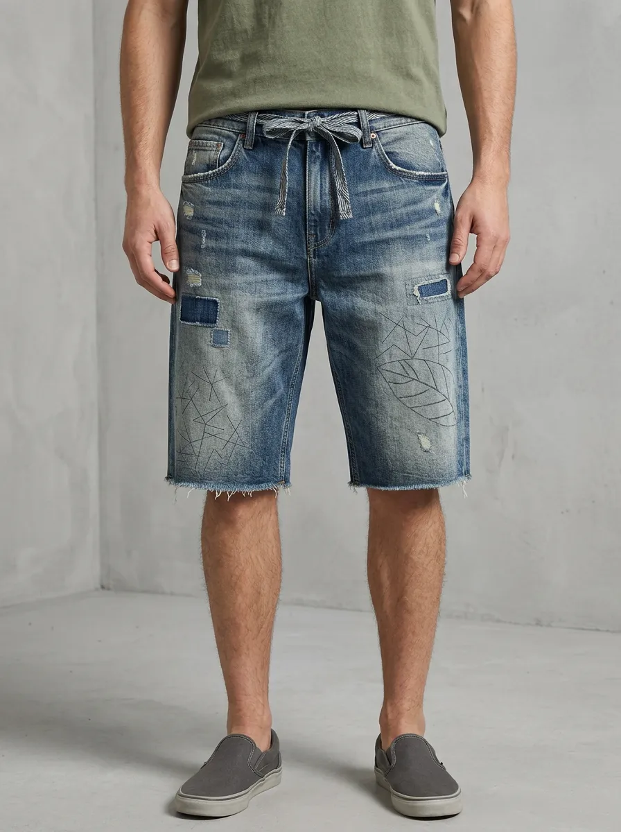 Men's Patchwork Geometric Distressed Raw Hem Distressed Denim Shorts