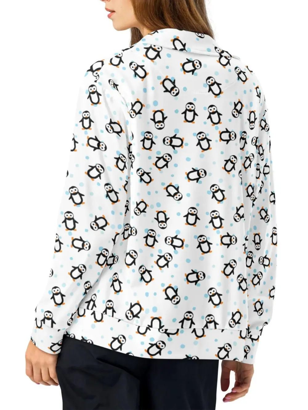 Cute Penguin Print Zip-Up Jacket