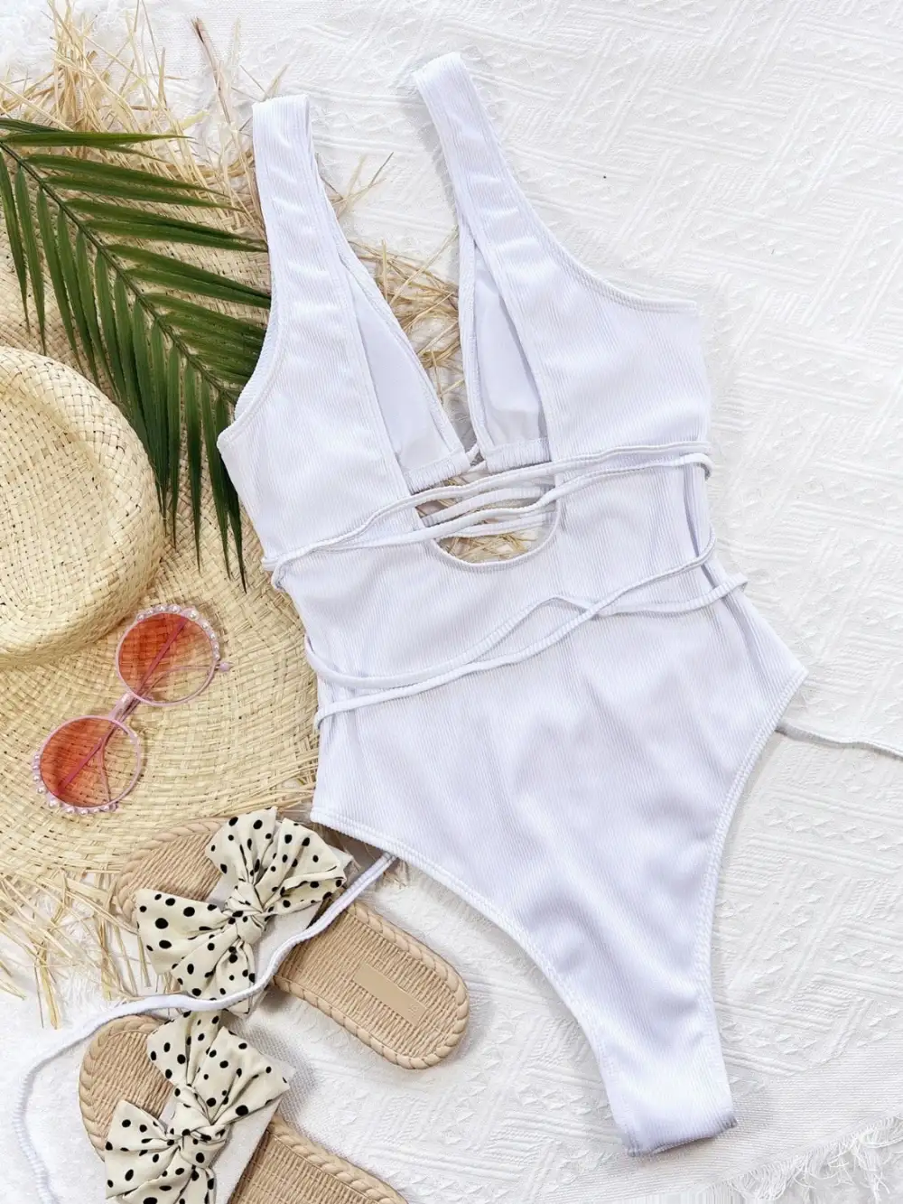 Ribbed Lace Up One Piece Swimsuit