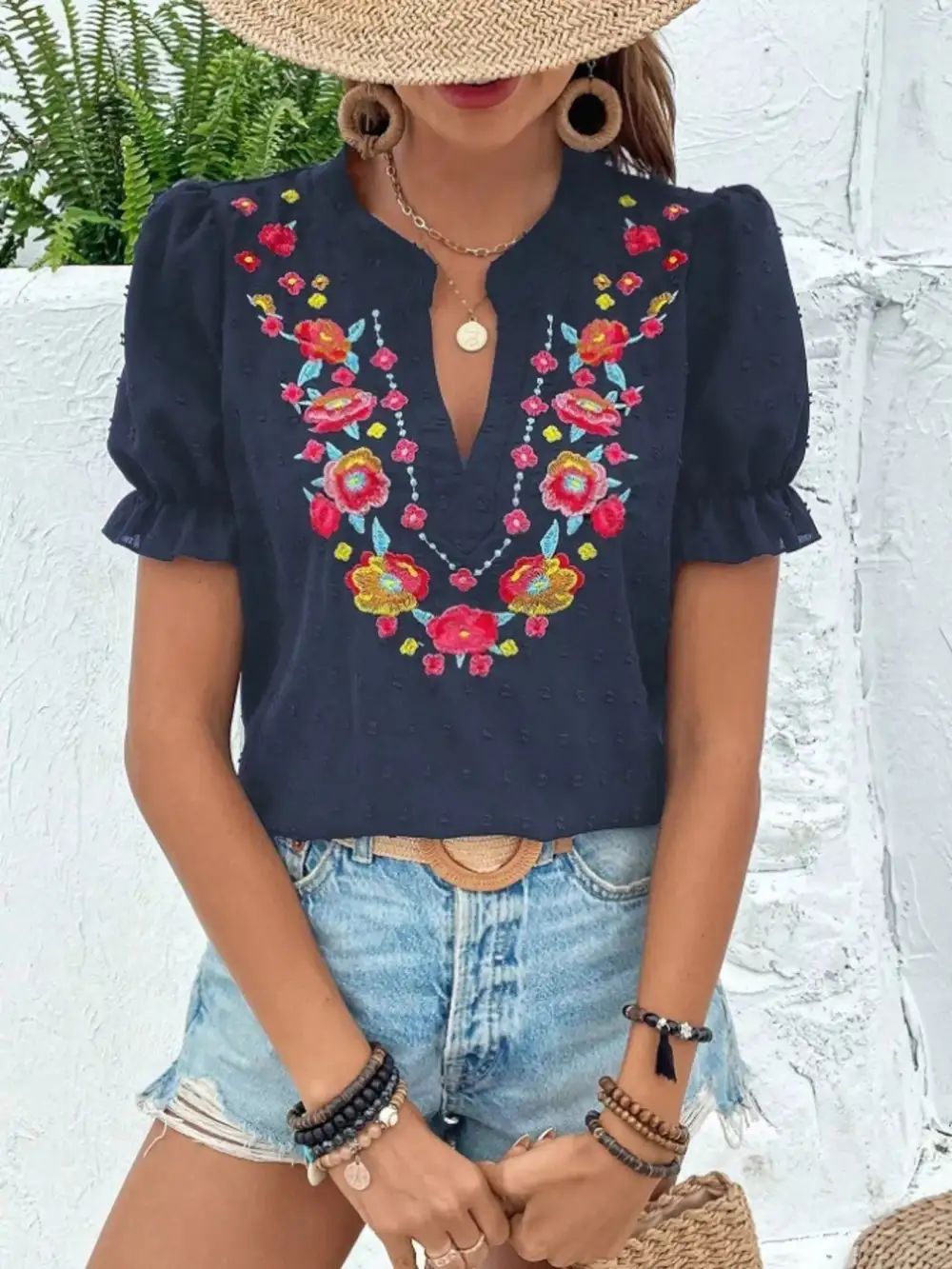 Floral Embroidered Puff Sleeve Blouse