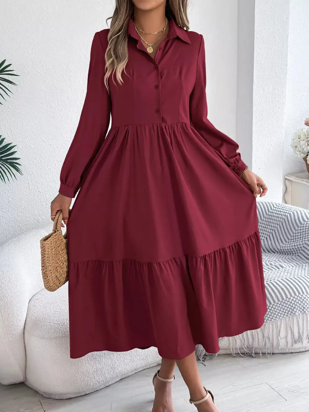 Button Front Tiered Long Sleeve Midi Dress
