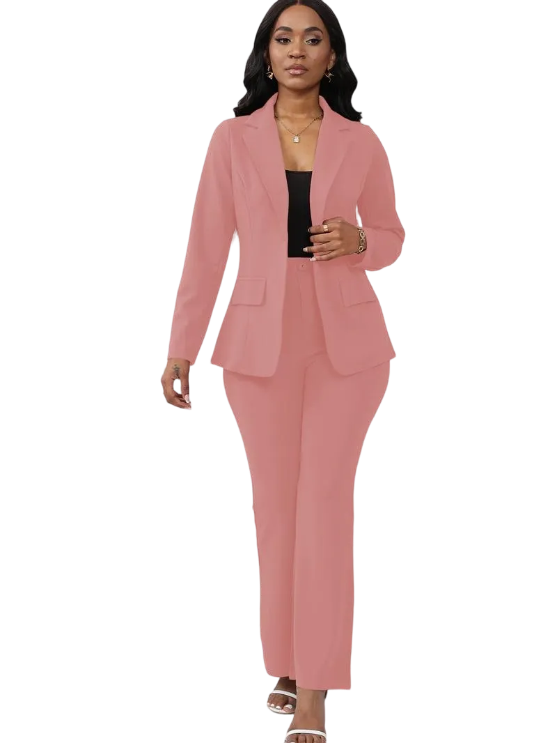 Women's Basic Plain Button Lapel Neck Blazer & Suit Pants