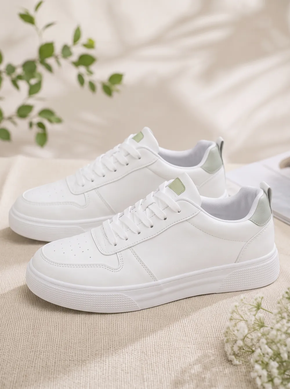 Men's Minimalist Sage Green Accent White Printed Sneakers