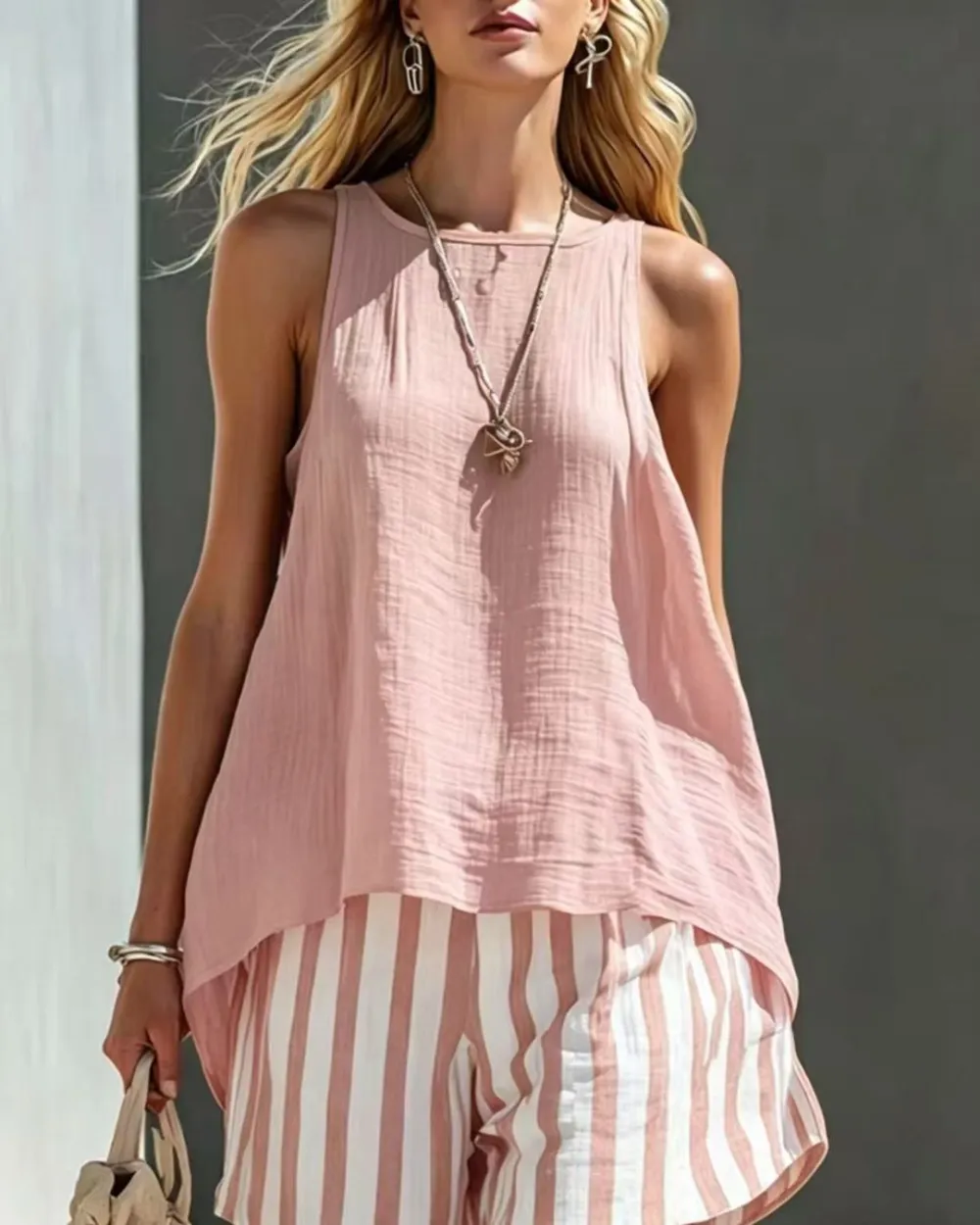 Flared Tank Top and Striped Shorts Set