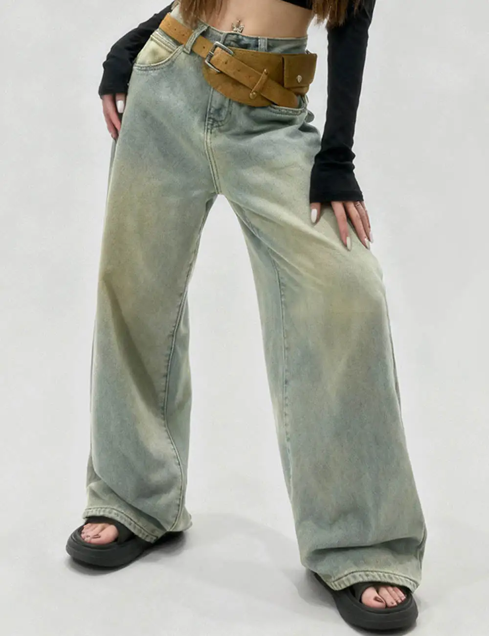 Vintage Fleece Lined Wide Leg Denim Pants
