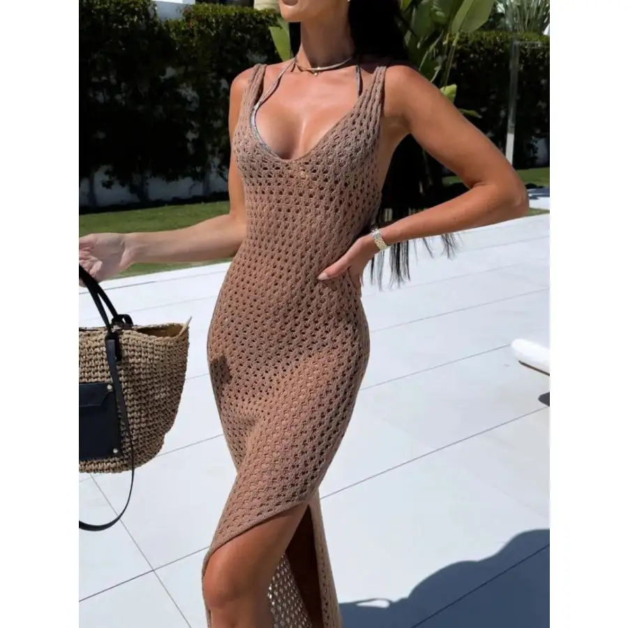 Openwork Slit Sweater Maxi Dress