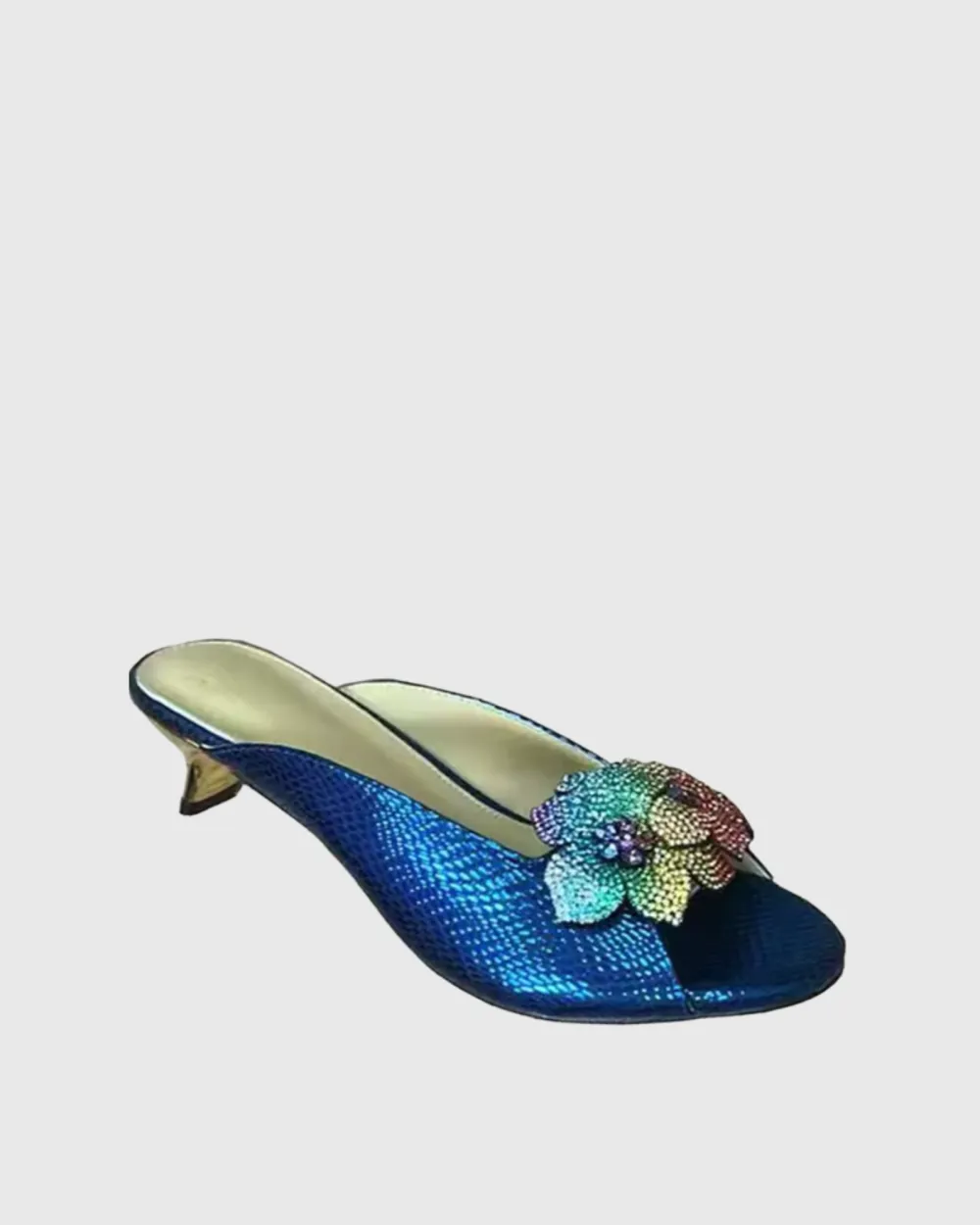 Rhinestone Flower Mules in Blue