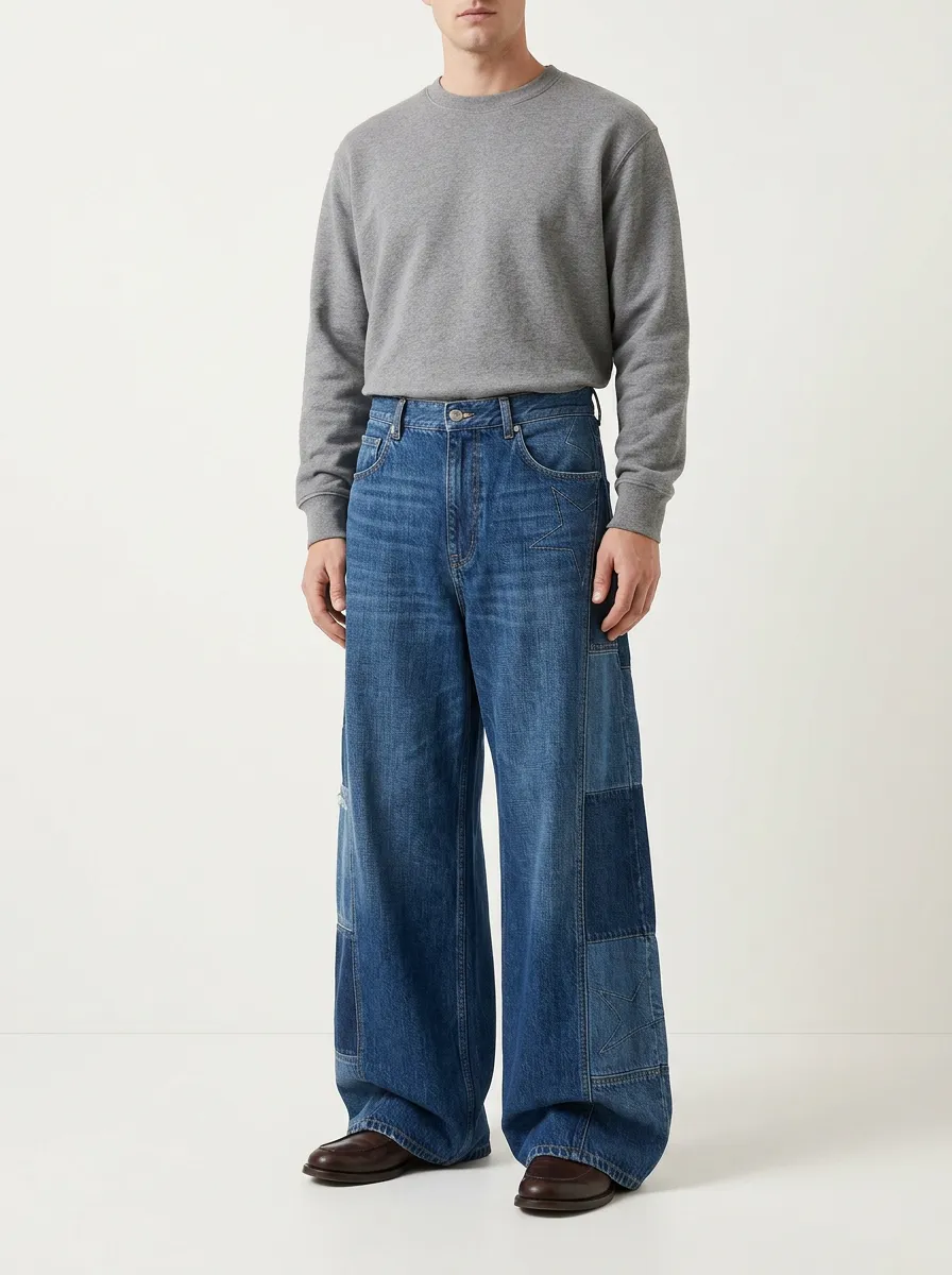 Wide Leg Patchwork Star Graphic Men's Loose Fit Jeans