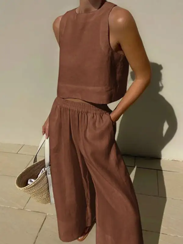Round Neck Sleeveless Vest And Pants Set