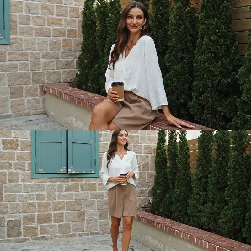 🔥 Women's 3/4 Sleeve V-Neck Button Down Blouse | Loose Fit Casual Tops
