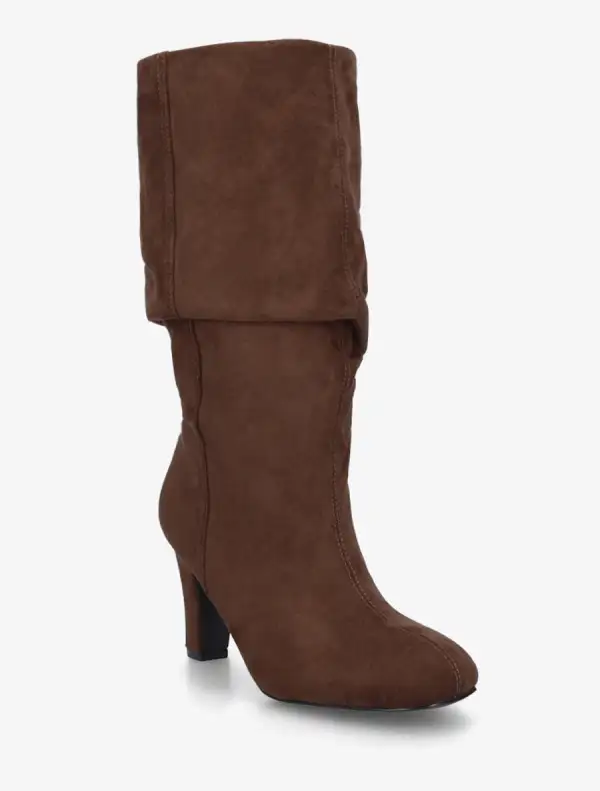 Everyday Block Heel Ruched Faux Suede Knee High Boots