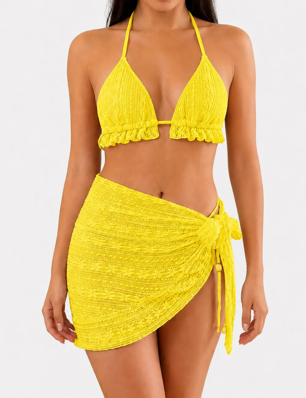 Solid Color Crochet Triangle Bikini Set with Cover Up Skirt
