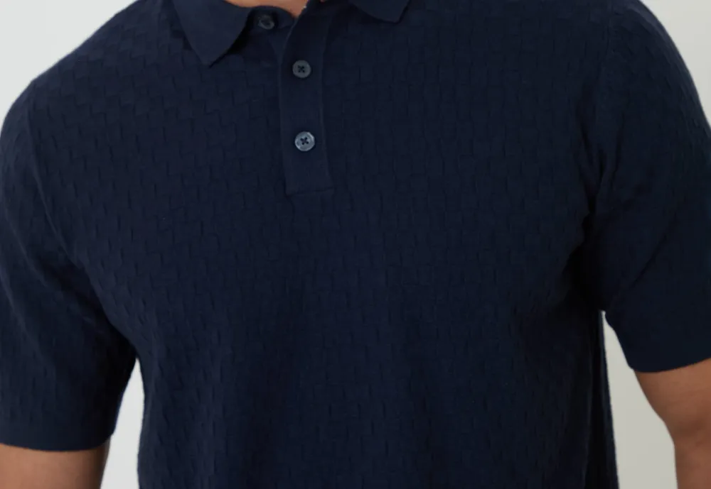 Men's Navy Basket Stitch Knitted Polo