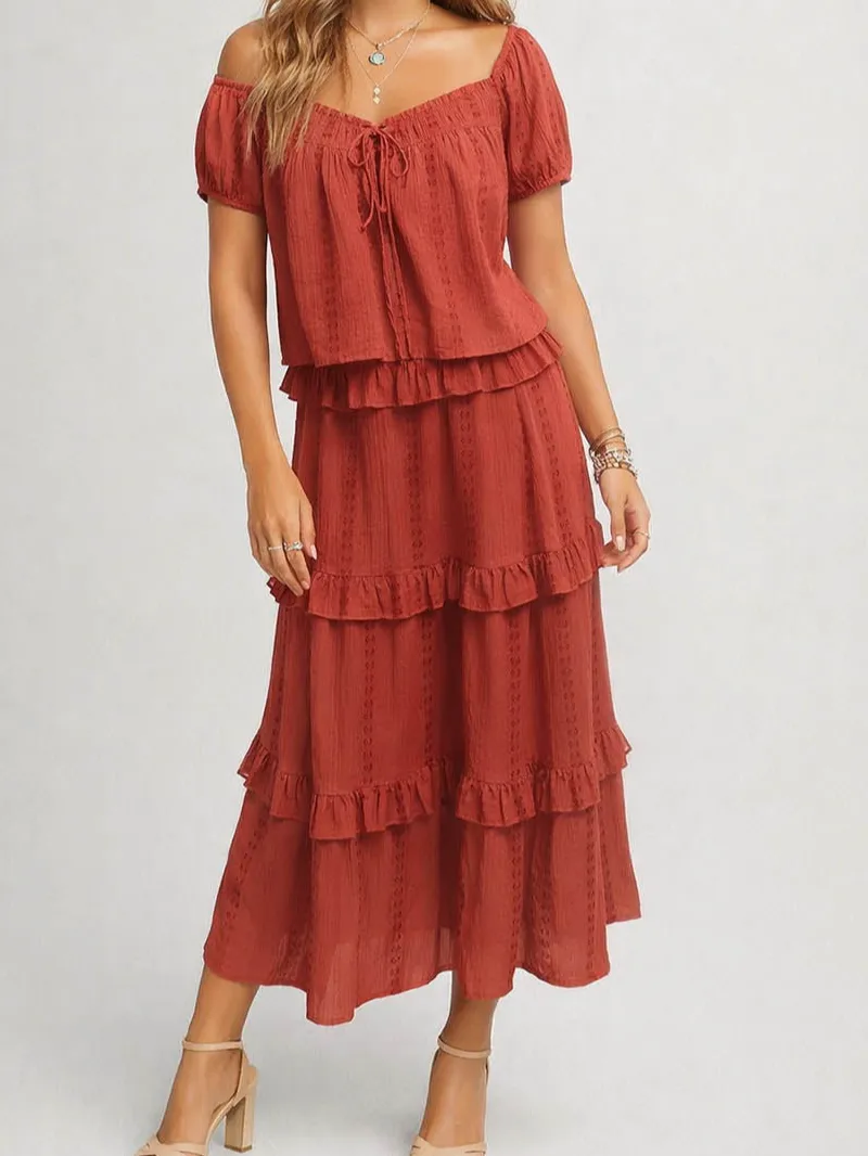 Tiered Rufflesmocked Waist Midi Skirt