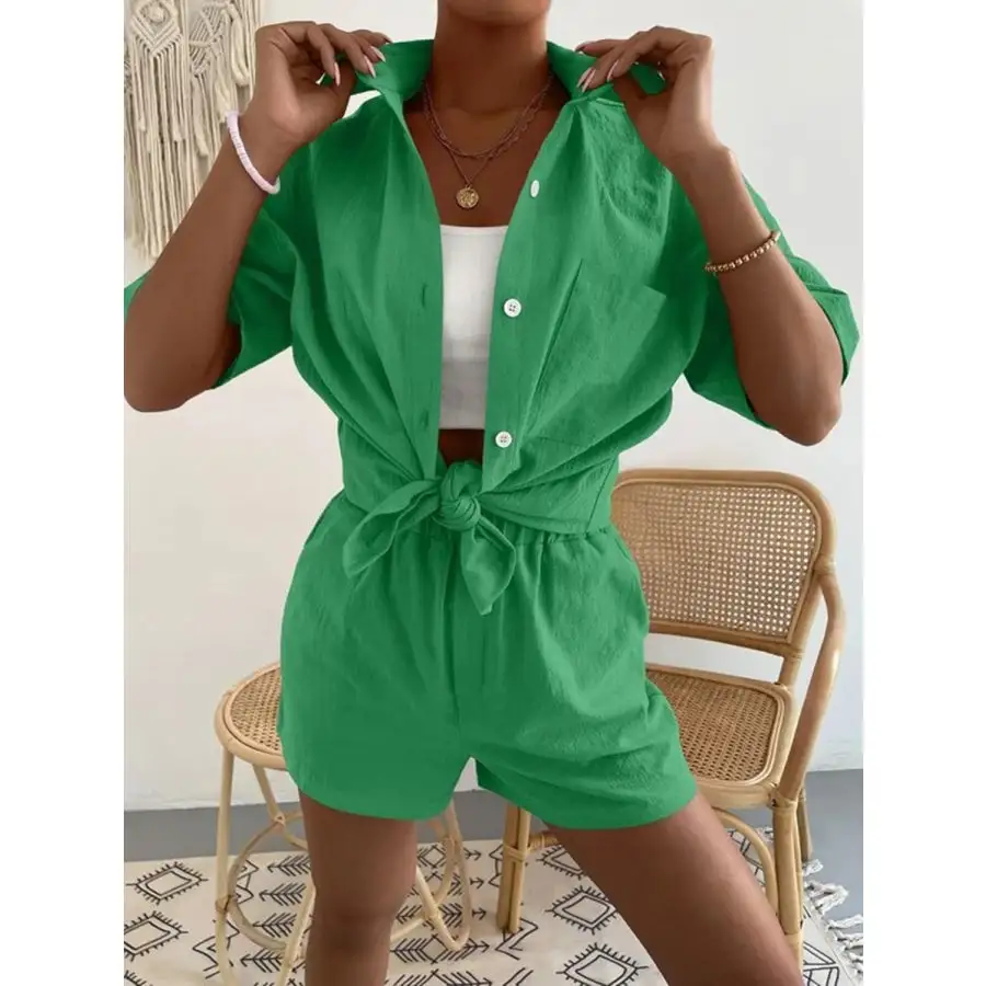 Button Up Short Sleeve Shirt and Shorts Set