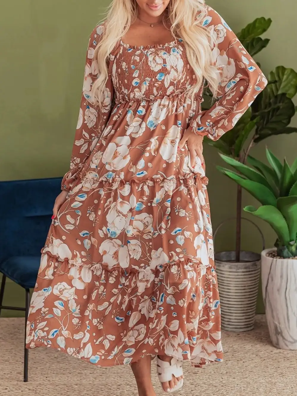 Printed Tiered Smocked Dress Casual