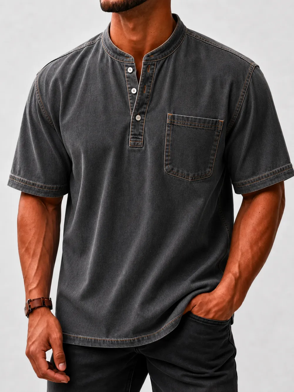 Men's Washed Stand Collar Henley Shirt