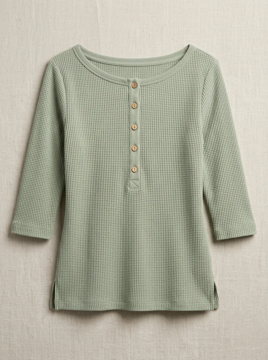 Women's Sage Green Waffle-Knit Henley Top