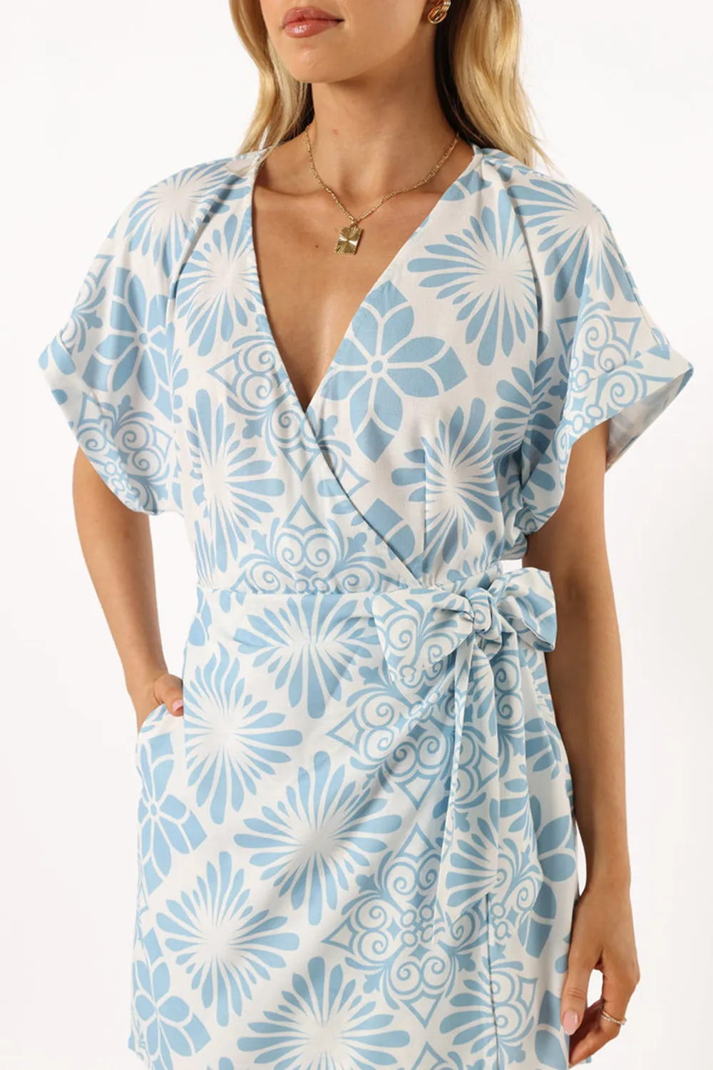 BLUE PRINT WRAP MINI DRESS