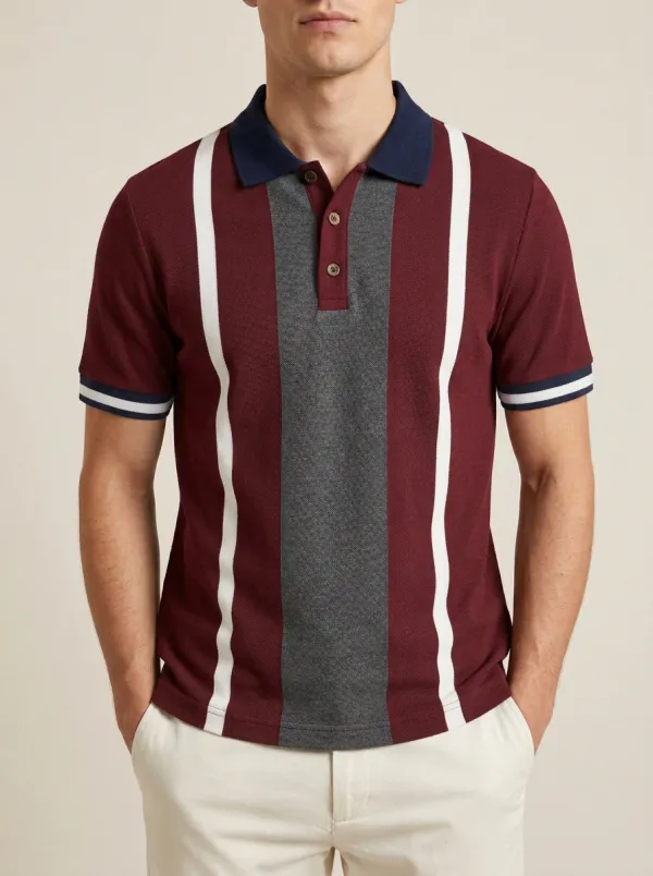 Men's Knit Ribbed Textured Vertical-Stripe Contrast-Collar Polo Shirt