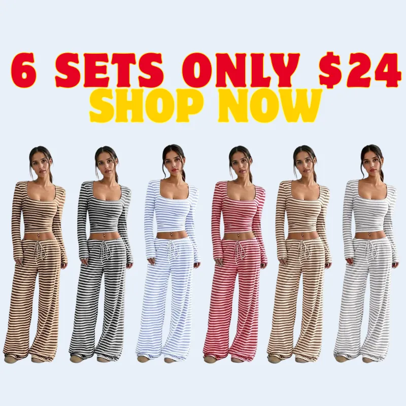 Women's Slouchy Square Neck Stripe Long Sleeve Crop Top & Low-Rise Wide Leg Trousers Co-ord, Minimalist Two Piece Outfits
