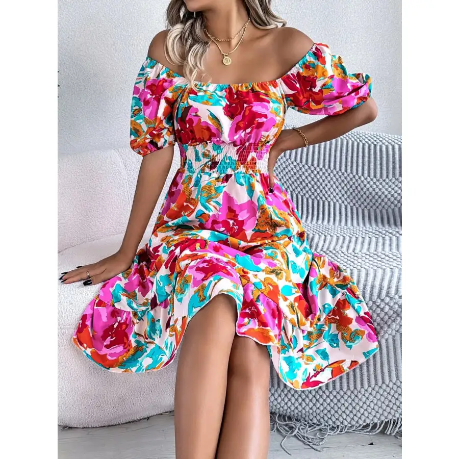 Ruffled Hem Smocked Short Sleeve Midi Dress