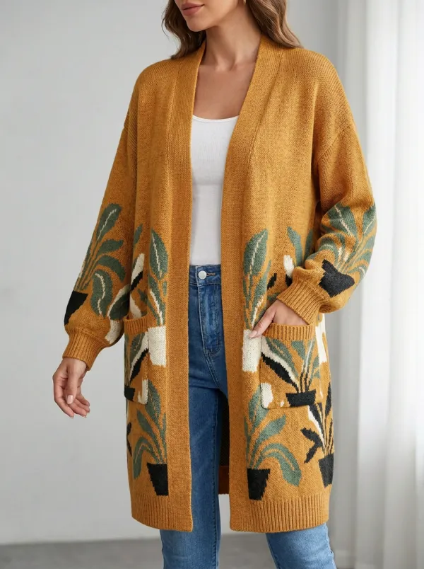 Women's Plant Potted Leaf Pattern Knit Long Cardigan
