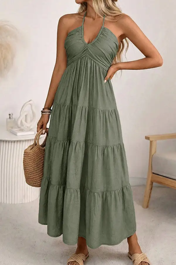 Color Smocked Back Halter Neck Dress