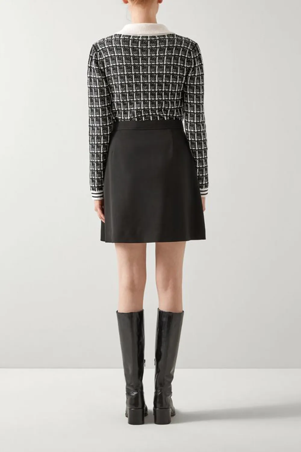 Black White Tweed Polo Collar Knit Cardigan