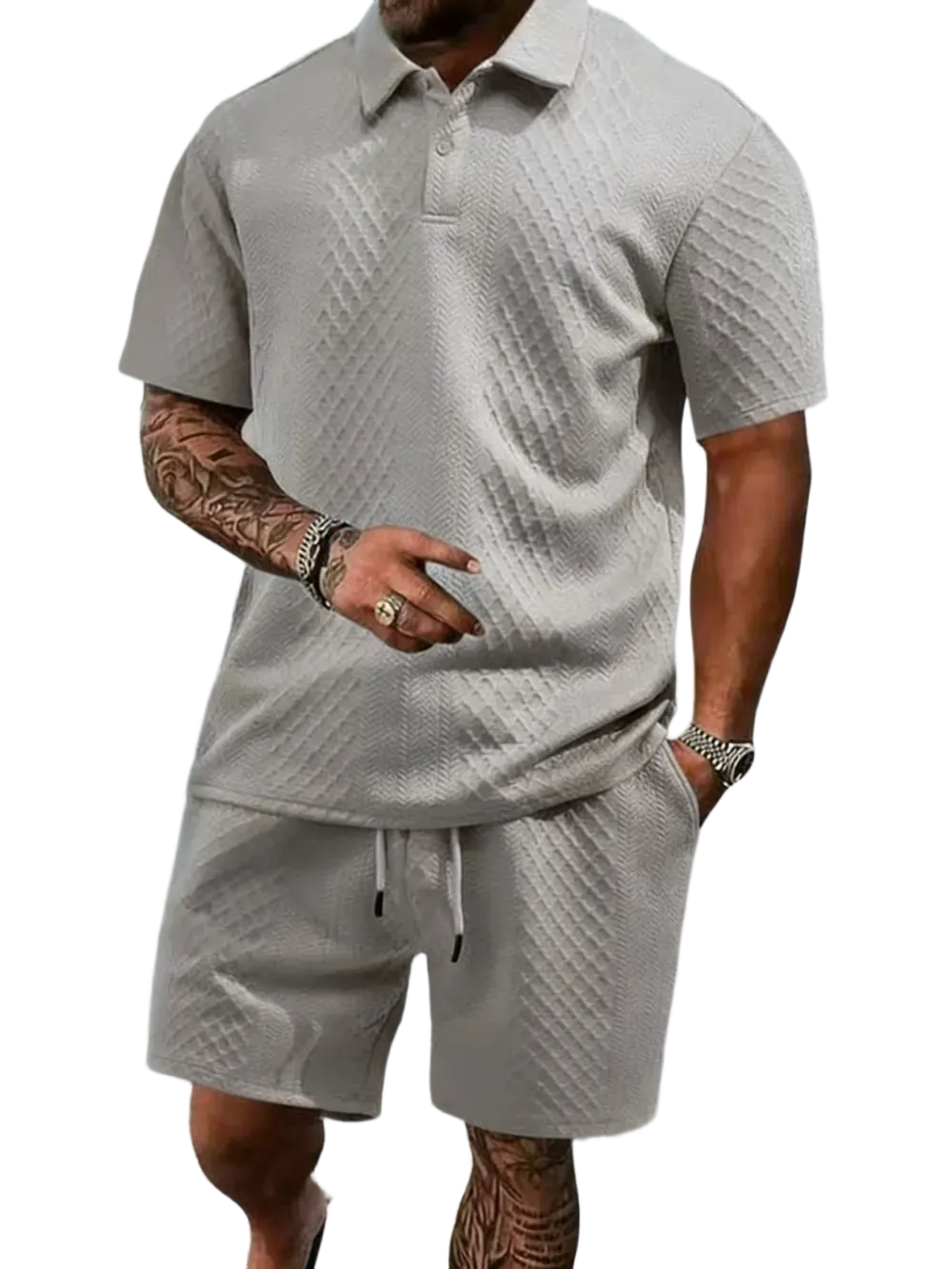 Men's Summer Casual Textured Polo Shirt and Shorts Two-Piece Set