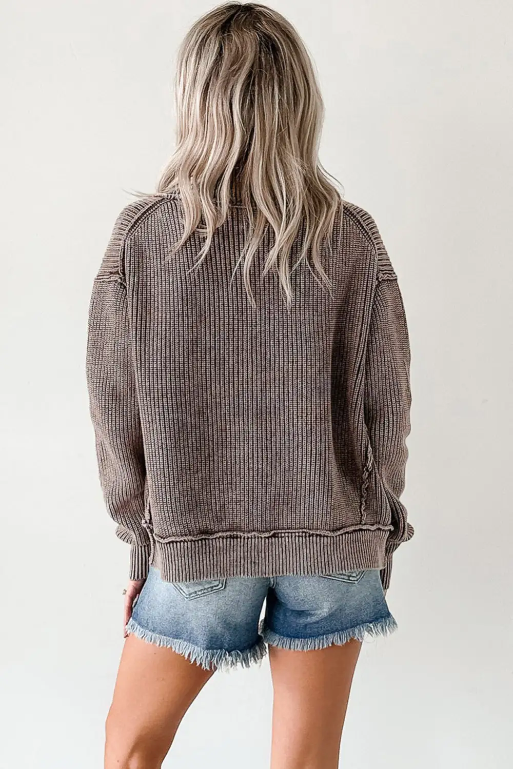 Mineral Wash Exposed Seam Patchwork Knit Open Front Everyday Layer Cardigan