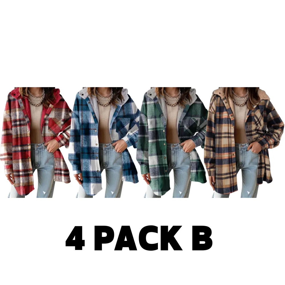 Women's Flannel Hooded Plaid 2025 Shacket Thick Coat