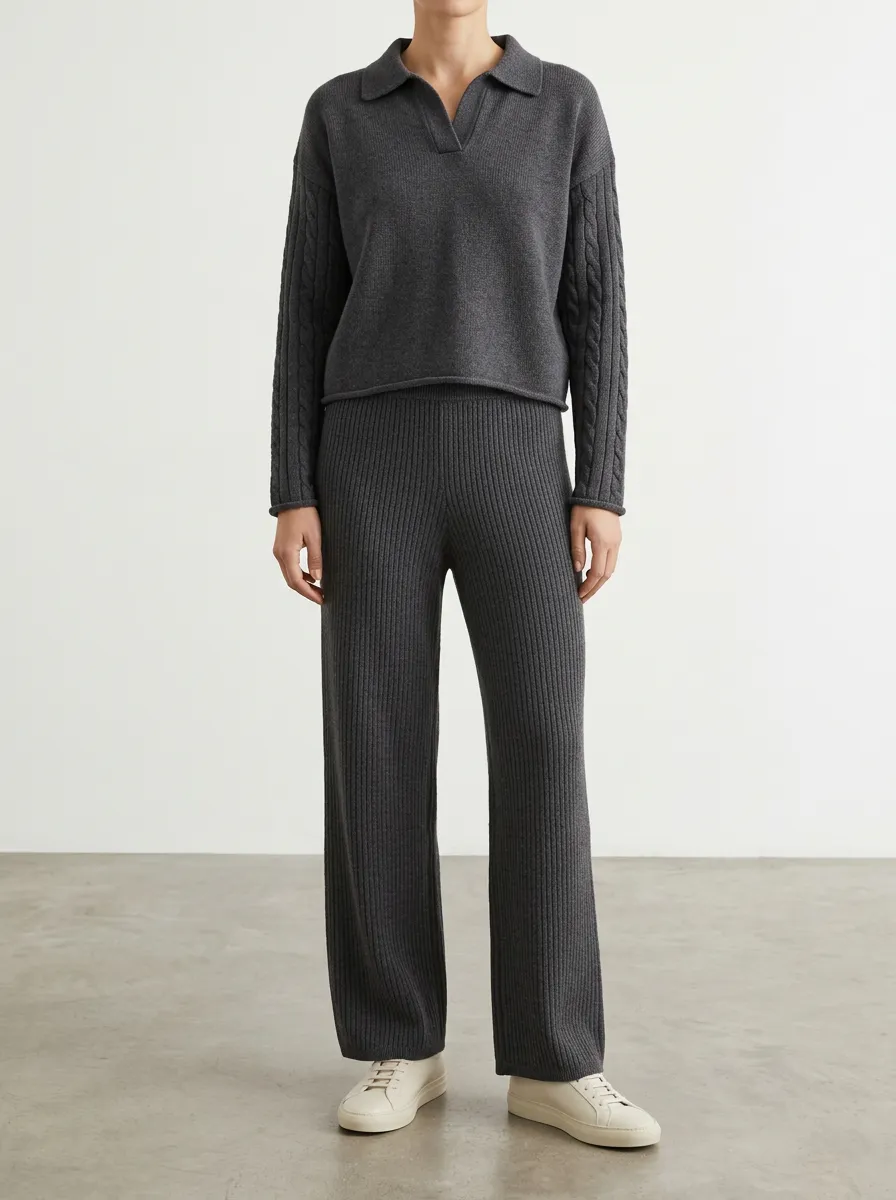 Cable Knit Polo Top with Wide Leg Pants Matching Set