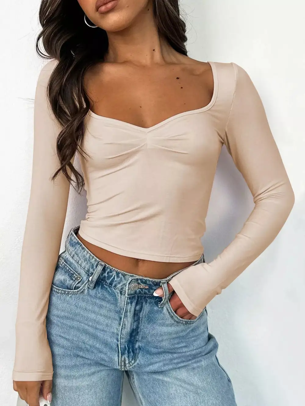 Long Sleeve Sweetheart Neck Crop T-Shirt