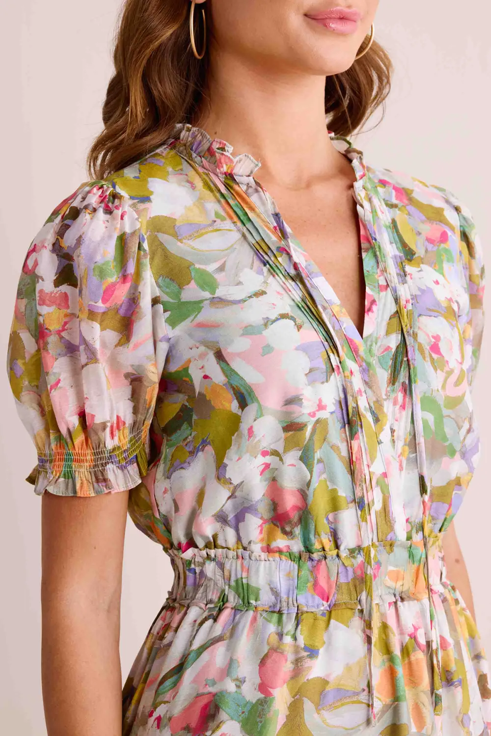 Multicolored Floral Print V-Neck Puff Sleeve Ruffled Dress