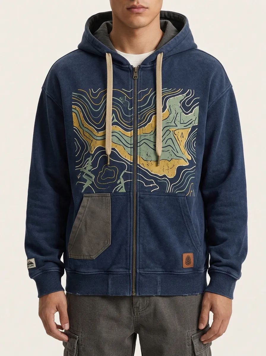 Men's Sleeve Graphic Outdoor Hiking Topographic Map Zip-Up Hoodie