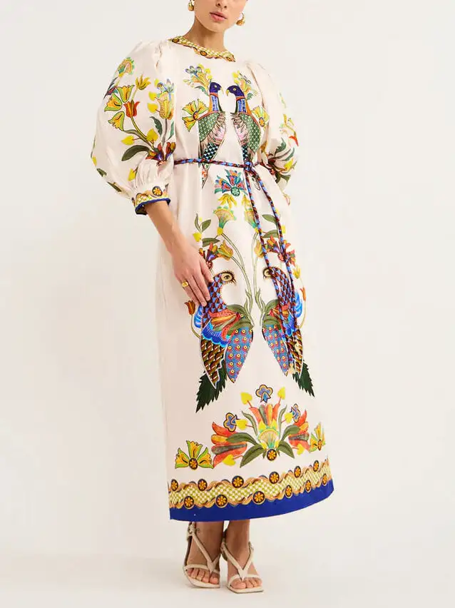 And Fun Printed Puff Sleeves Loose Midi Dress