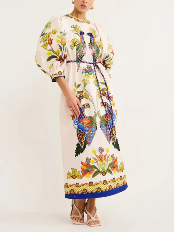 And Fun Printed Puff Sleeves Loose Midi Dress