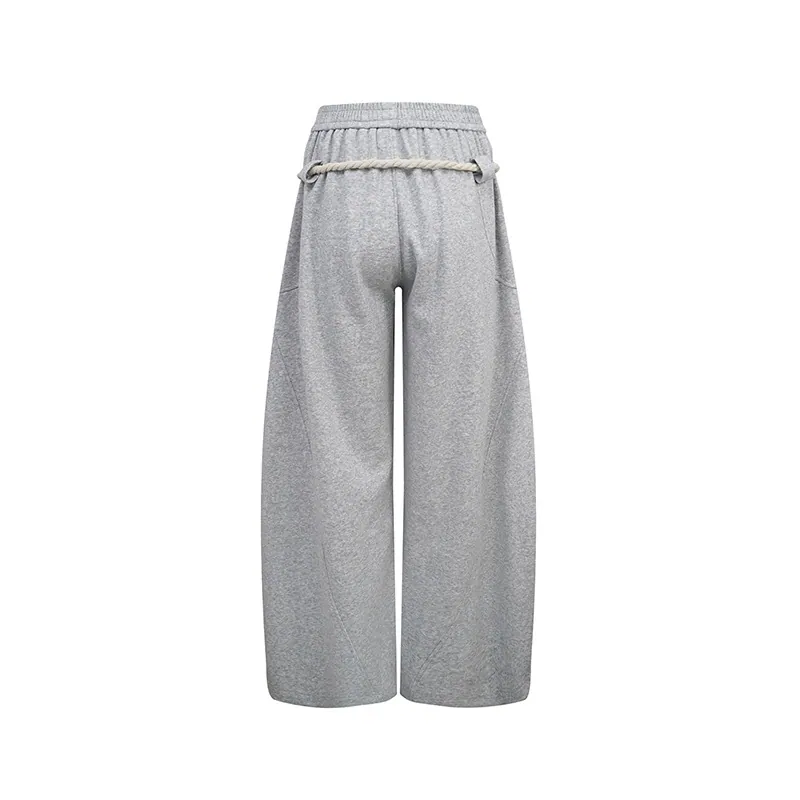 Grey Rope-Detail Curved Cotton Pants