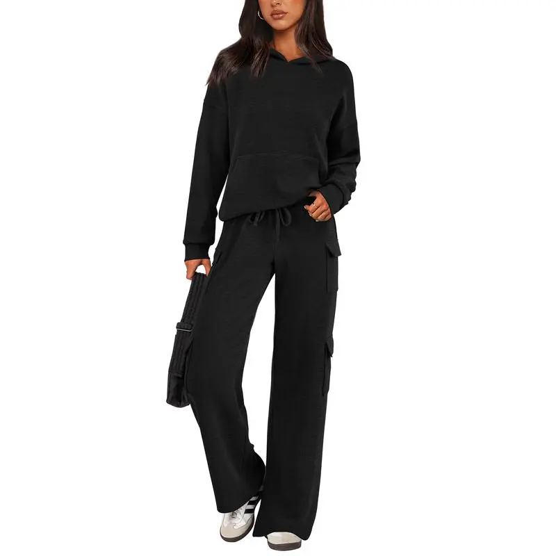 Womens Fall Outfit 2-Piece Knitted Sets Hoodie Tracksuits Wide Leg Pants With Pocket