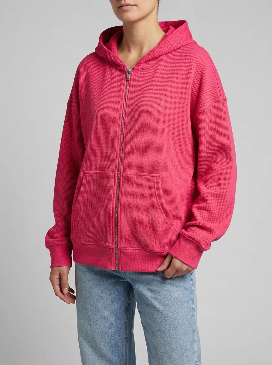Waffle-Knit Knit-Texture Minimal Zip-Up Women's Zip-Up Hooded Jacket