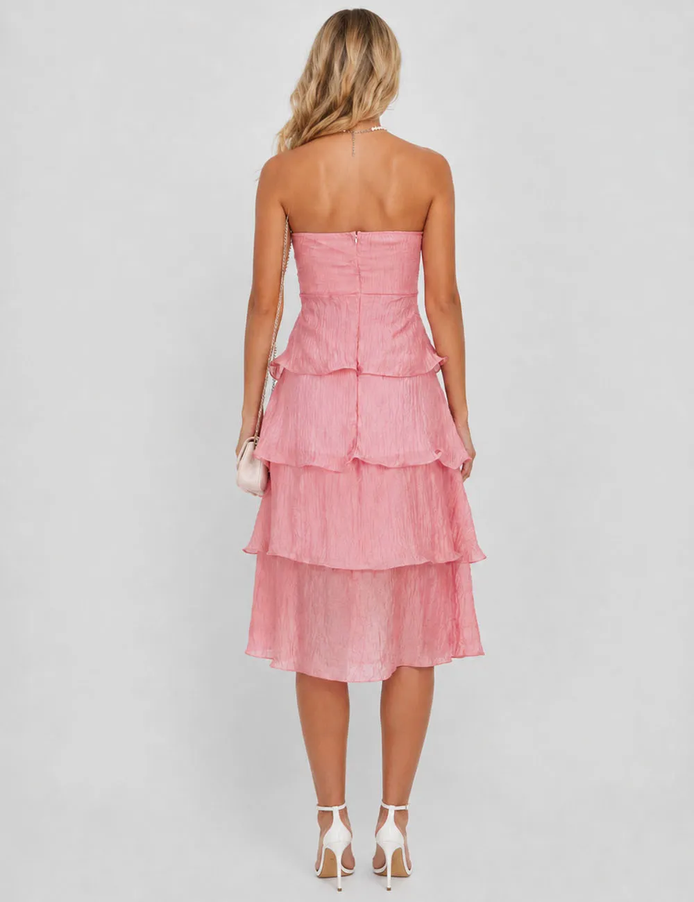 Chic Crinkle Strapless Tiered Ruffle Tube Midi Dress