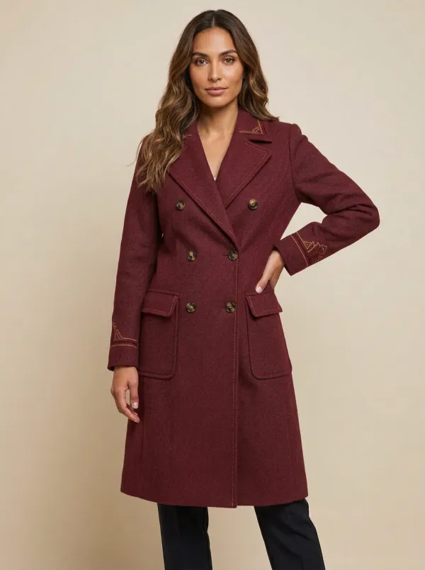 Women's Geometric Embroidery Charcoal Double-Breasted Wool Coat