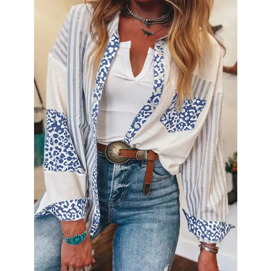 Striped Patchwork Button Down Shirt with Leopard Print Details