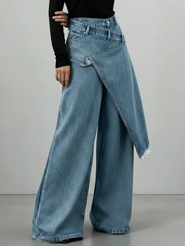 Artistic Retro Fringe Detail Minimal High Waist Relaxed Fit Wide Leg Asymmetric Irregular Detail Layered Jeans